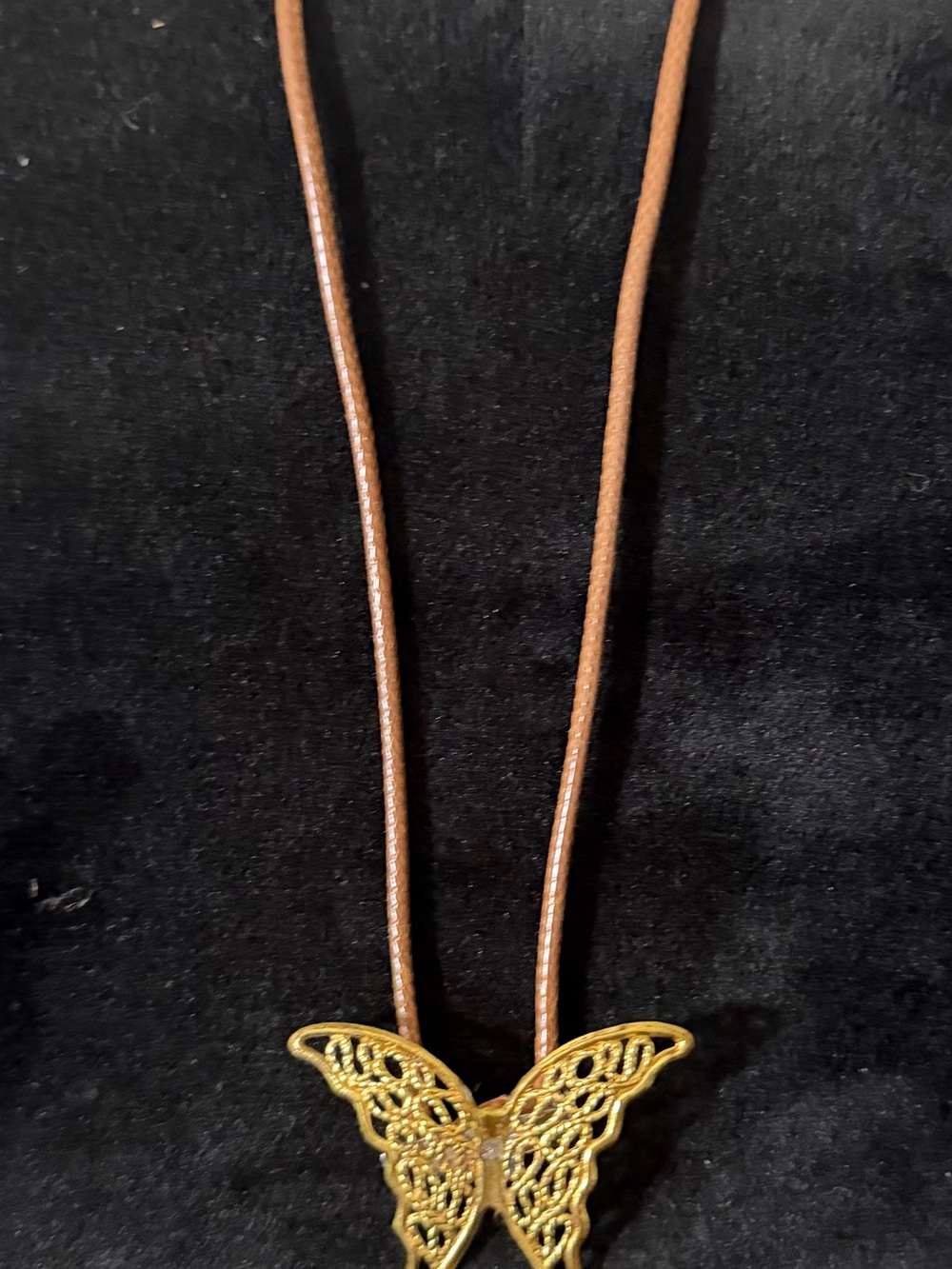 Gold metal Butterfly Pendant-Broach Necklace Brown Cord - Women Jewelry